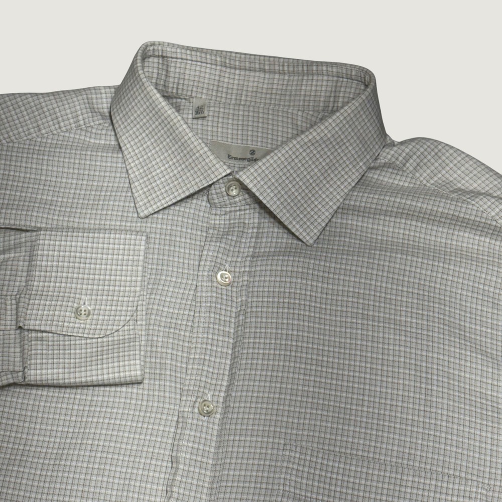 Ermenegildo Zegna Button Up Mens 16.5 Beige Micro Check Long Sleeve Luxury Shirt